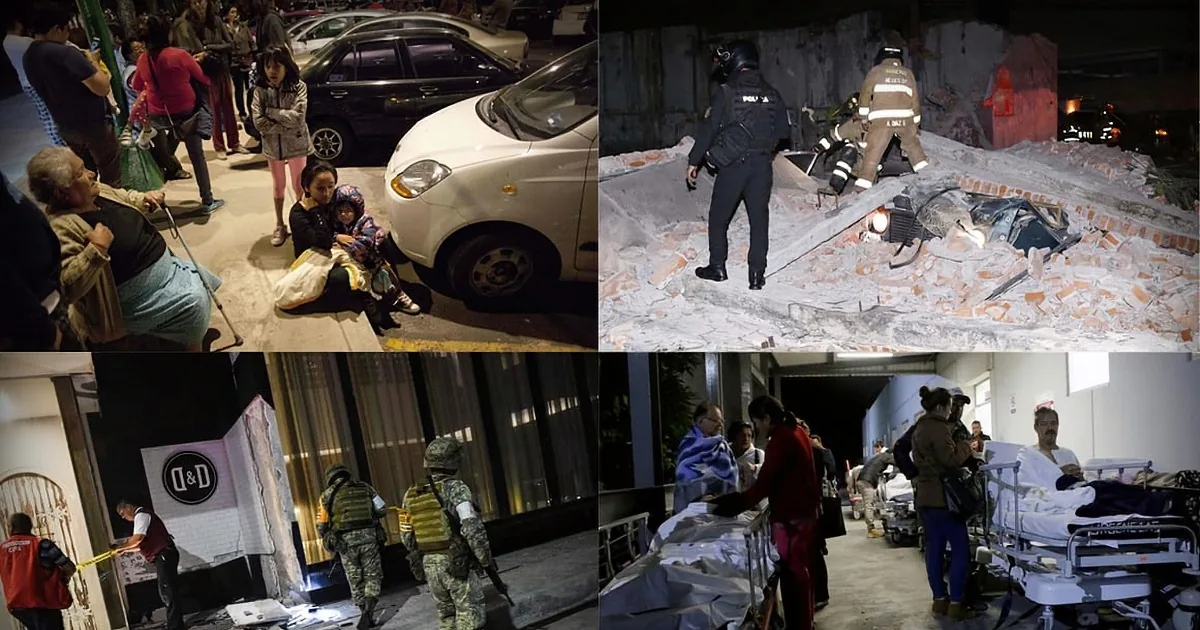 People and emergency responders are seen in various scenes of disaster response, including rescue operations and medical...