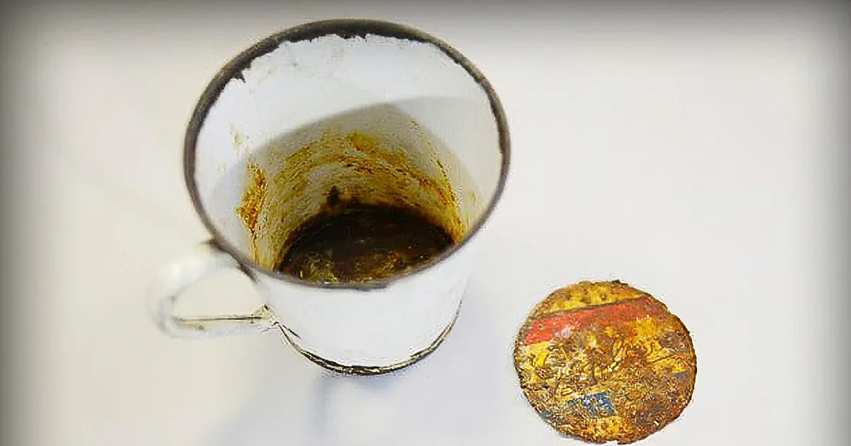 A worn-out, white, metal cup with rust and paint splatters, placed on a white surface.