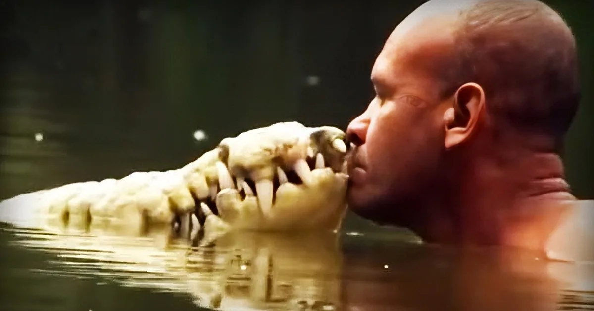 A man is seen kissing a crocodile in a body of water, with multiple frames capturing the moment.