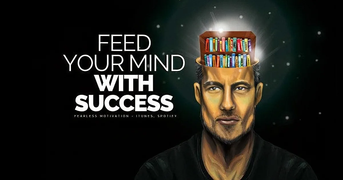 A man's face with a bookshelf in his head, surrounded by stars, and the text "Feed Your Mind With Success."