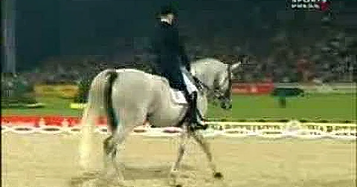 A horse and rider jump over a barrier in a blurred, colorful arena.