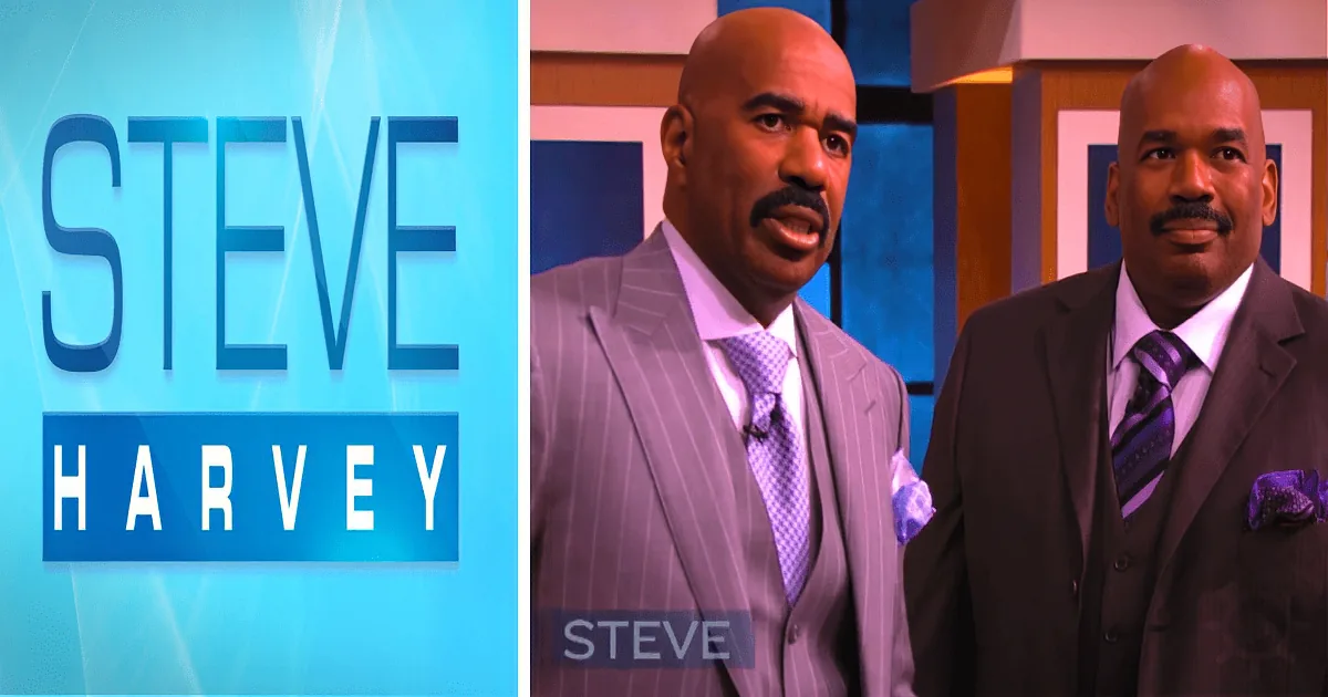Steve Harvey in a suit and tie on a talk show set with a blue background.