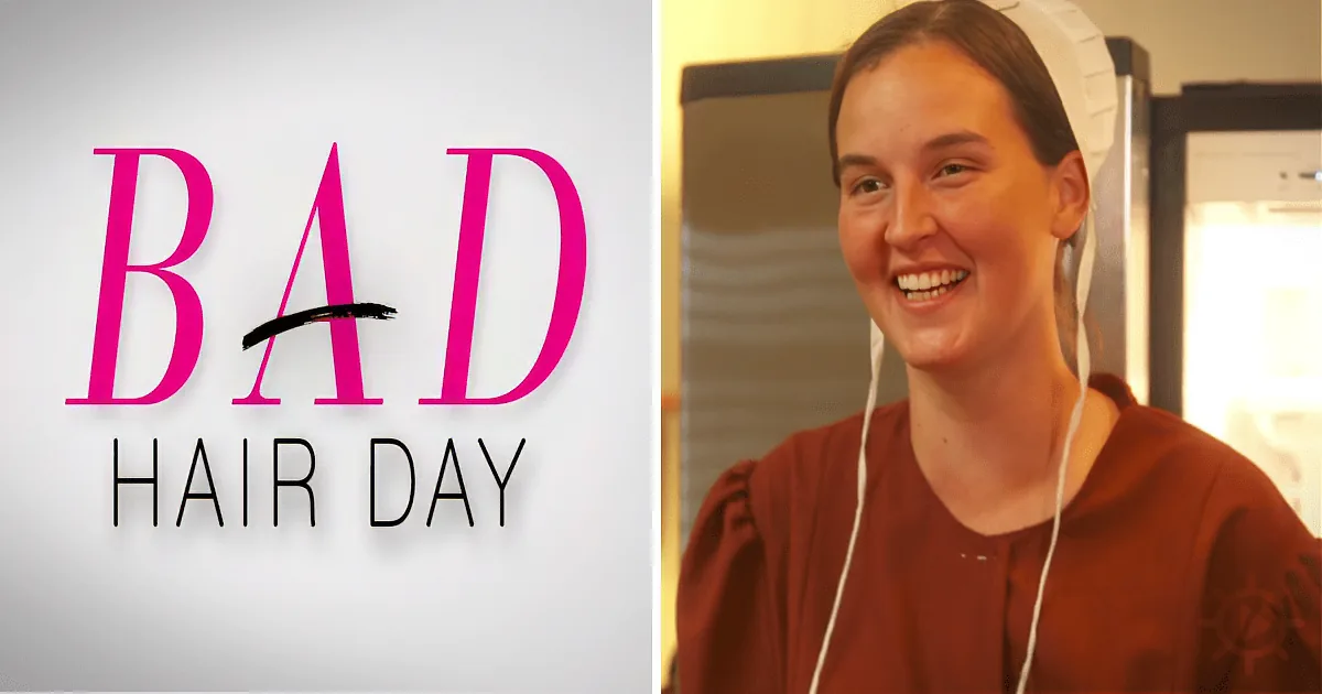 A smiling person wearing a red top and white earphones, with a "BAD HAIR DAY" logo in the background.