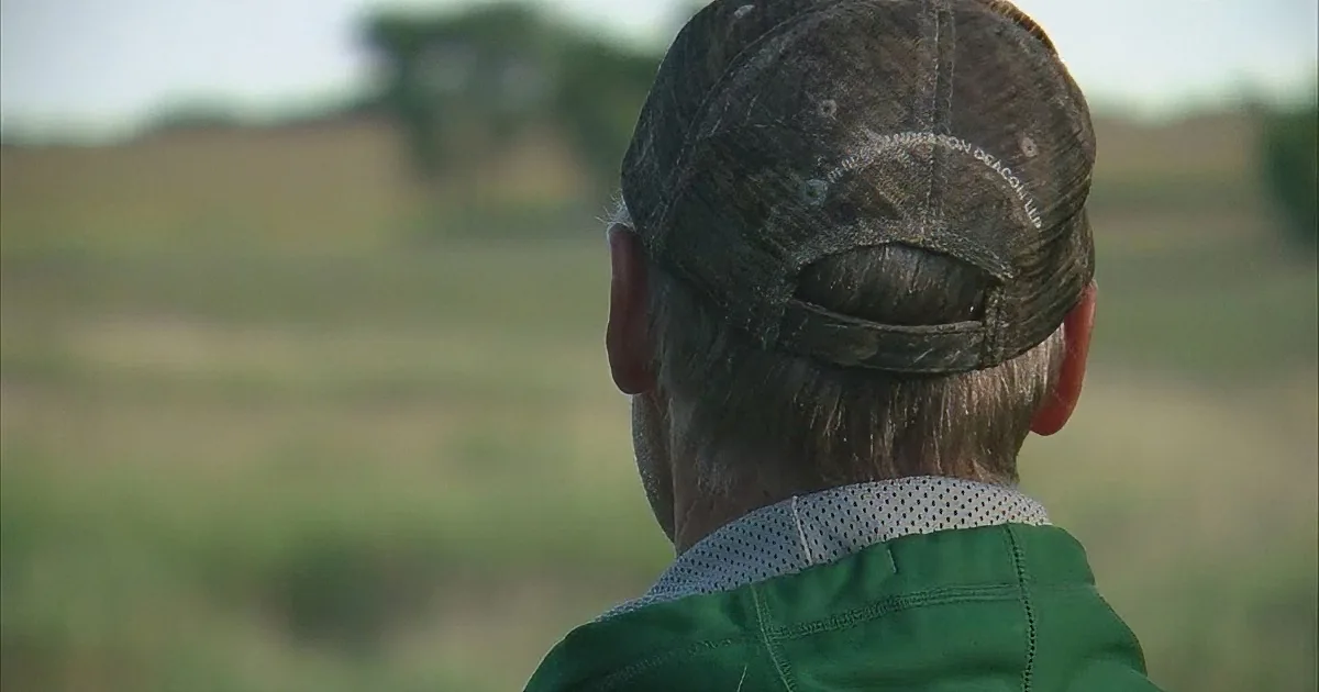 A person wearing a camouflage baseball cap and a green jacket stands in a grassy field, facing away.