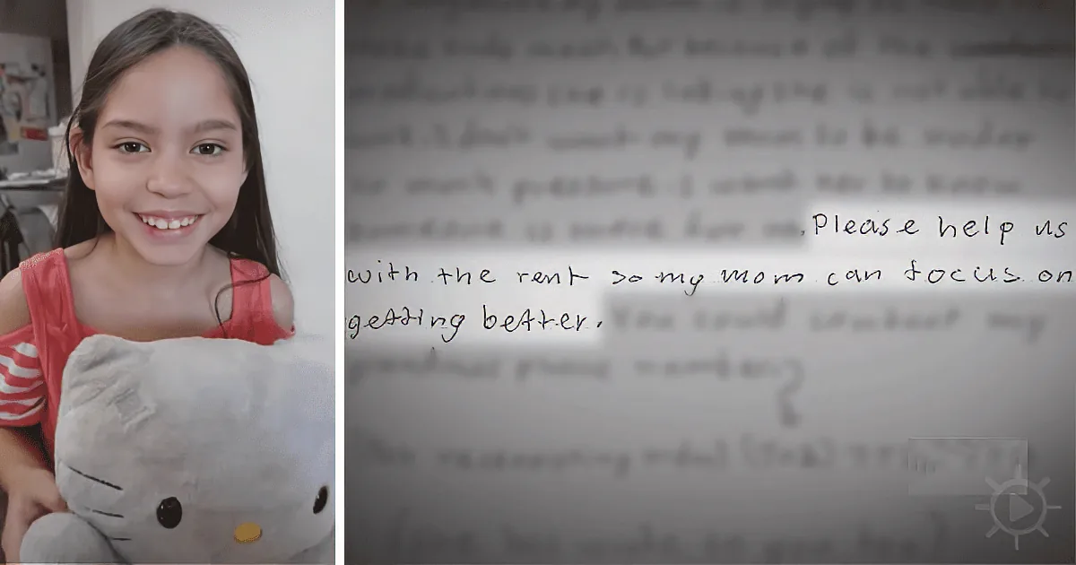 A smiling girl holds a Hello Kitty plush, while a handwritten note requests help with rent for her mom's medical care.