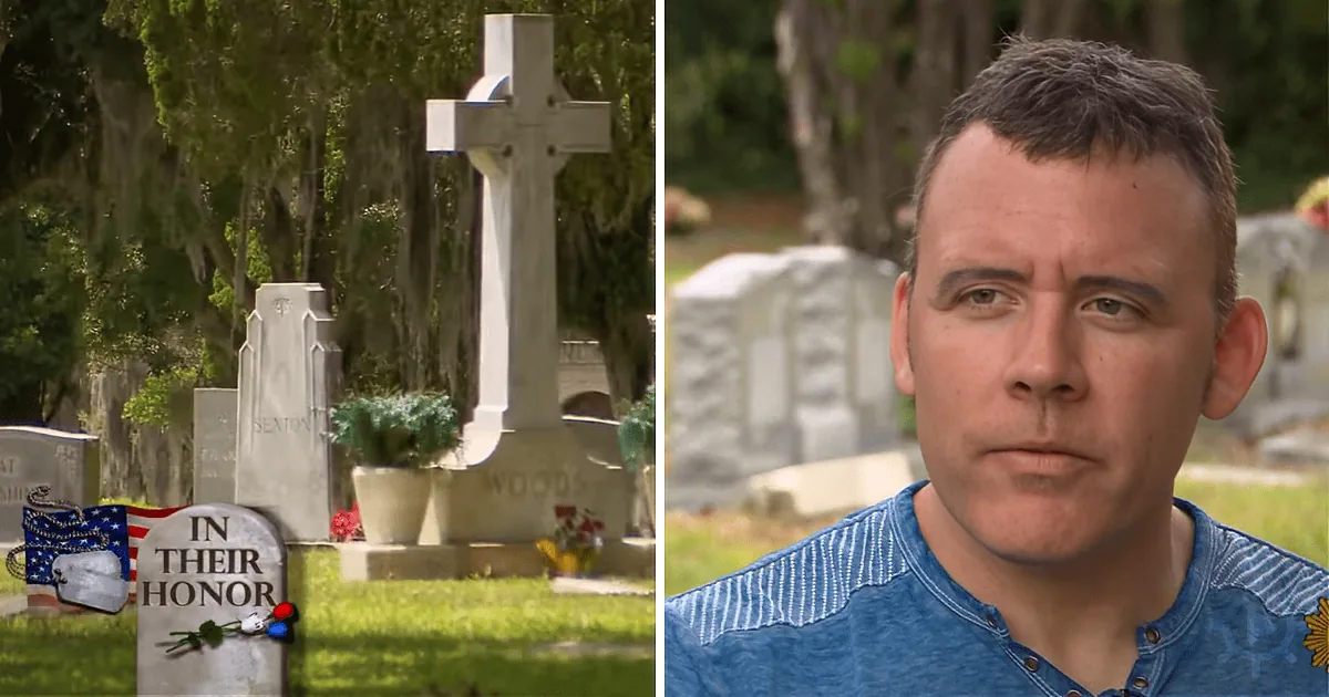 A man in a blue shirt stands in front of a cemetery with a gravestone labeled "In Their Honor."
