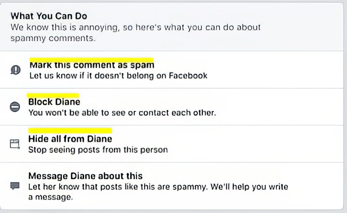 Facebook's options for dealing with spam comments, including marking as spam, blocking, hiding, and messaging.