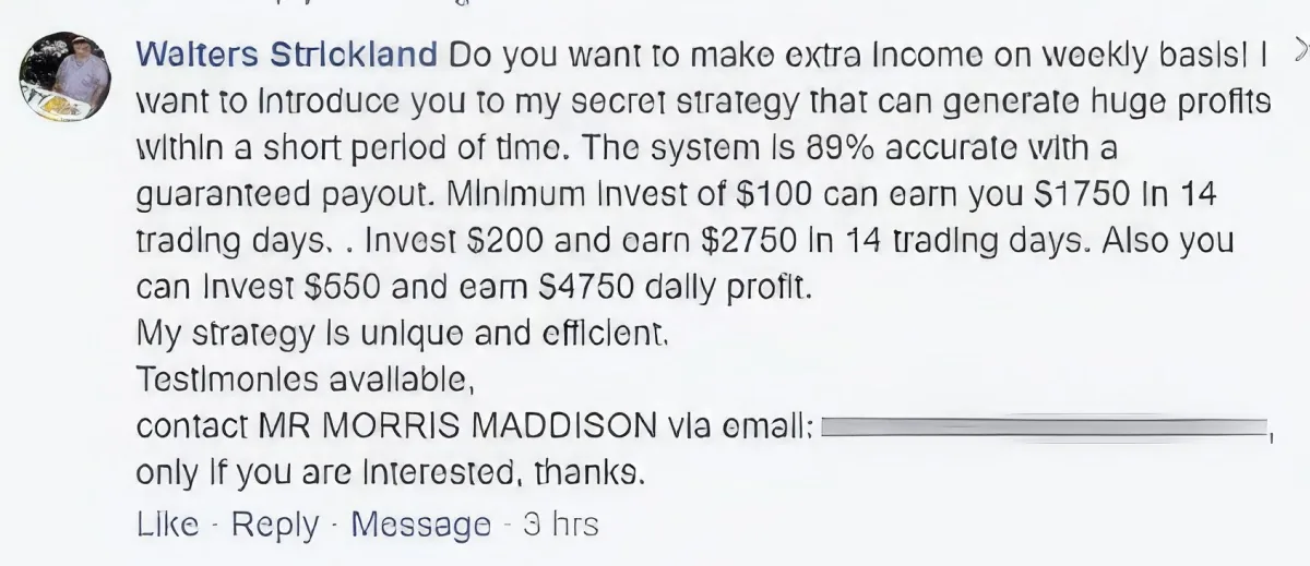 Walters Strickland promotes a trading system offering guaranteed profits with minimum investment of $100.