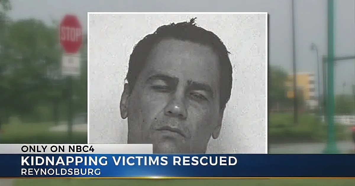 A mugshot of a man is displayed, with text below stating "Kidnapping Victims Rescued Reynoldsburg."