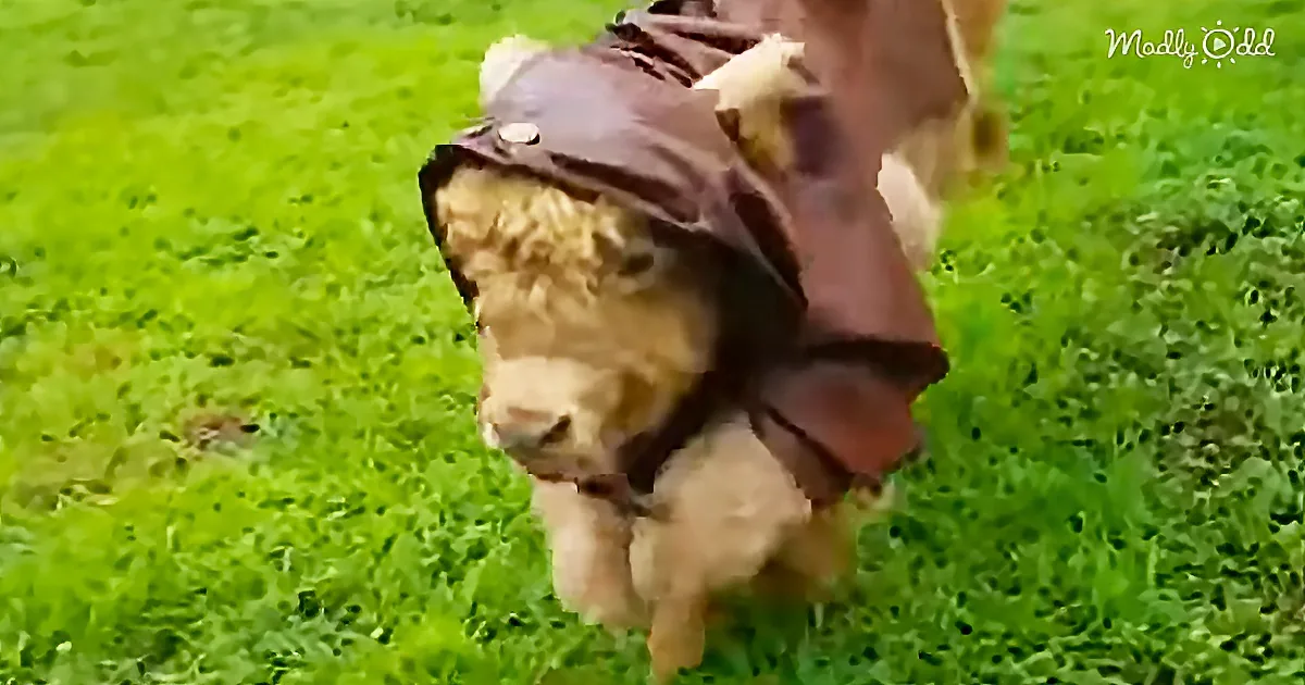 A golden retriever puppy wearing a brown jacket is running on a grassy field.