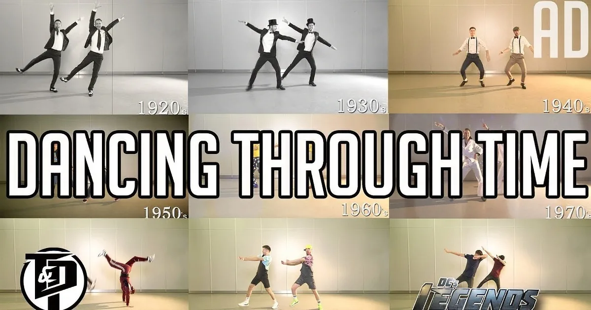 A collage of dancers representing different decades from the 1920s to the 2000s, showcasing evolving dance styles.