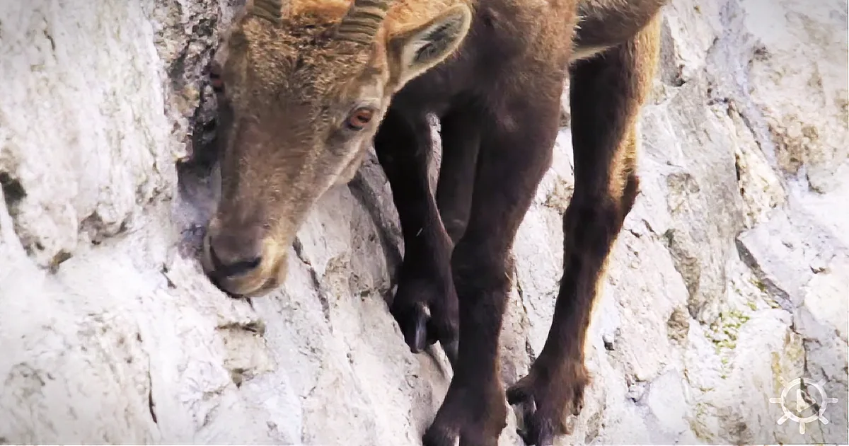 A mountain goat with curved horns climbs a rocky cliff.