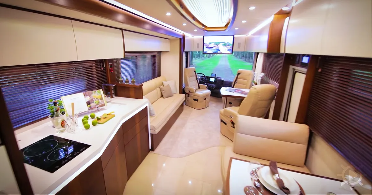 A luxurious RV interior with a kitchen, seating area, and large windows showing a scenic view.