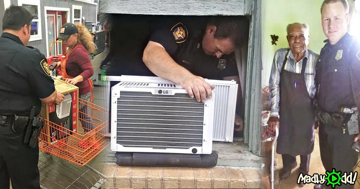 Police officers assist an elderly man with a new air conditioning unit.