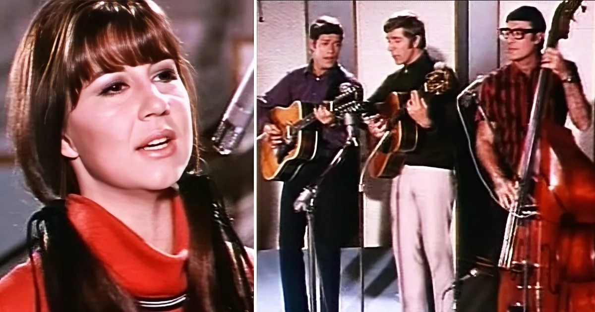 A woman sings into a microphone, accompanied by three musicians playing guitar and bass.