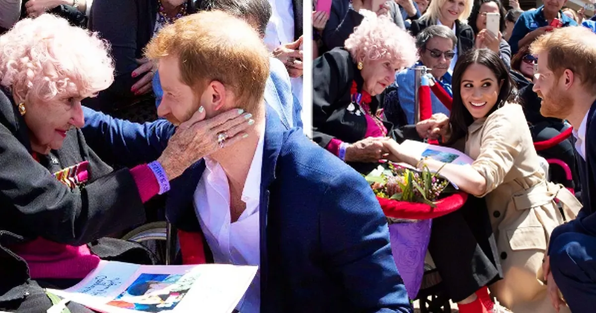 Prince Harry and Meghan Markle are seen interacting warmly with a woman, exchanging a heartfelt moment.