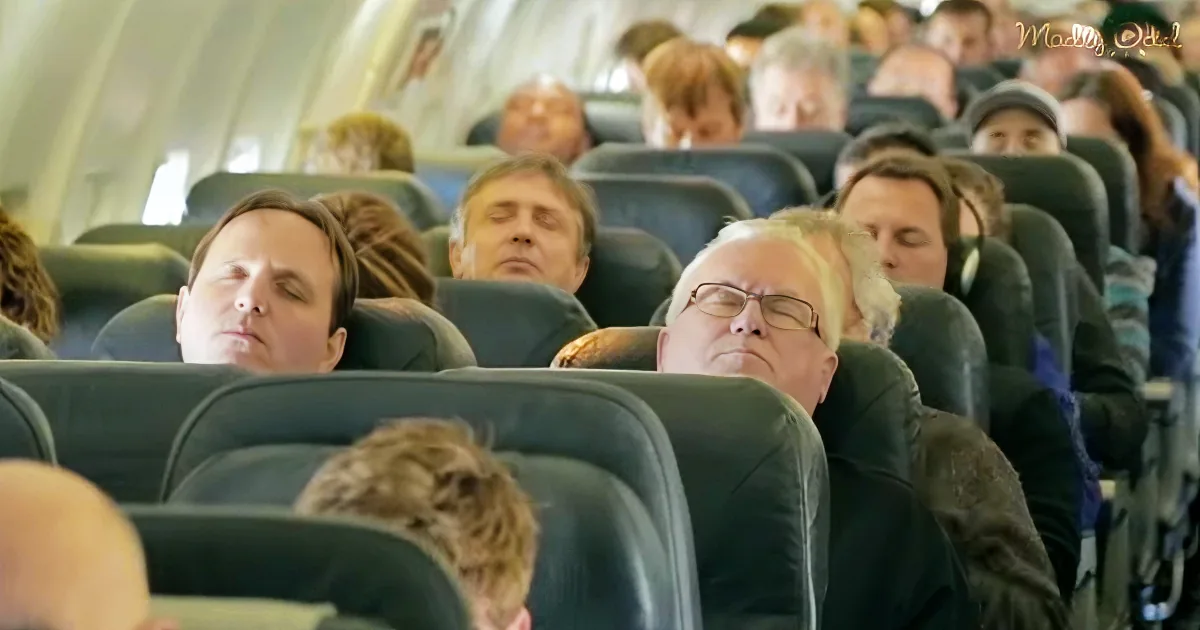 Sleeping passengers in airplane seats, some with eyes closed, others resting heads.