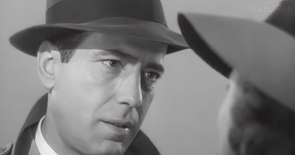 A man in a fedora and trench coat looks intently at another person in a similar outfit.