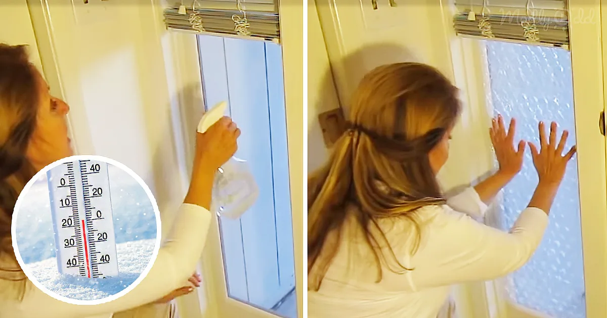A woman is cleaning a frosted window with a squeegee, and a thermometer shows a temperature of -20°C.