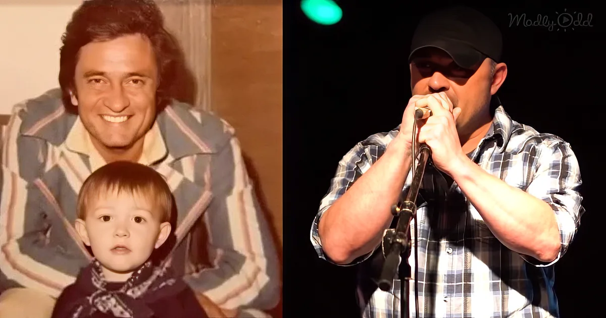 A man holding a child in a vintage photo and another man singing into a microphone in a modern setting.
