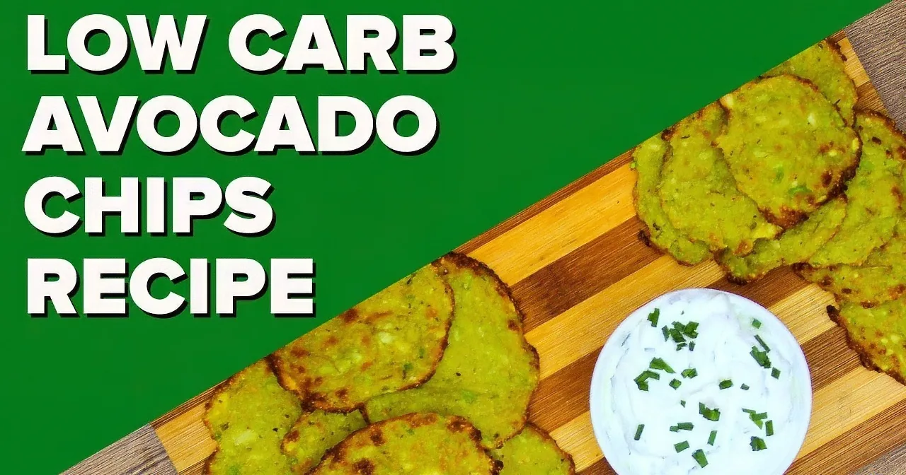 Low-carb avocado chips on a wooden board with a dipping sauce.