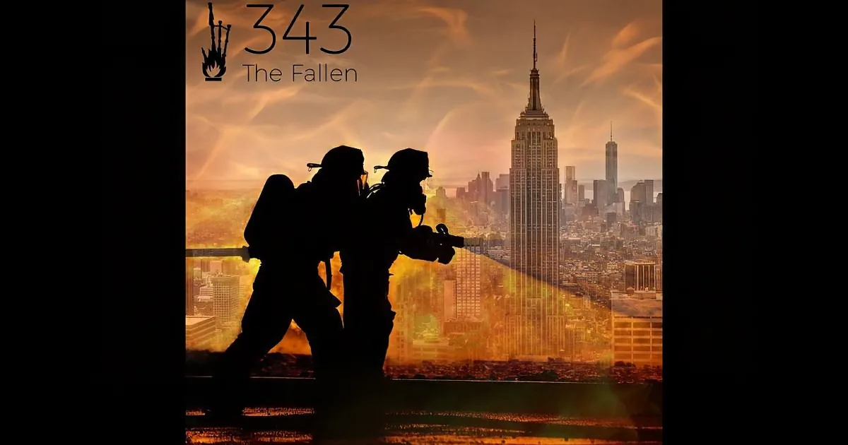 Silhouetted firefighters against a fiery sky with the Empire State Building in the background.