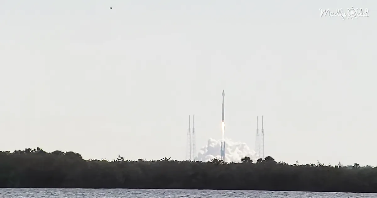 A rocket launches into the sky, leaving a trail of smoke, with trees and water in the foreground.