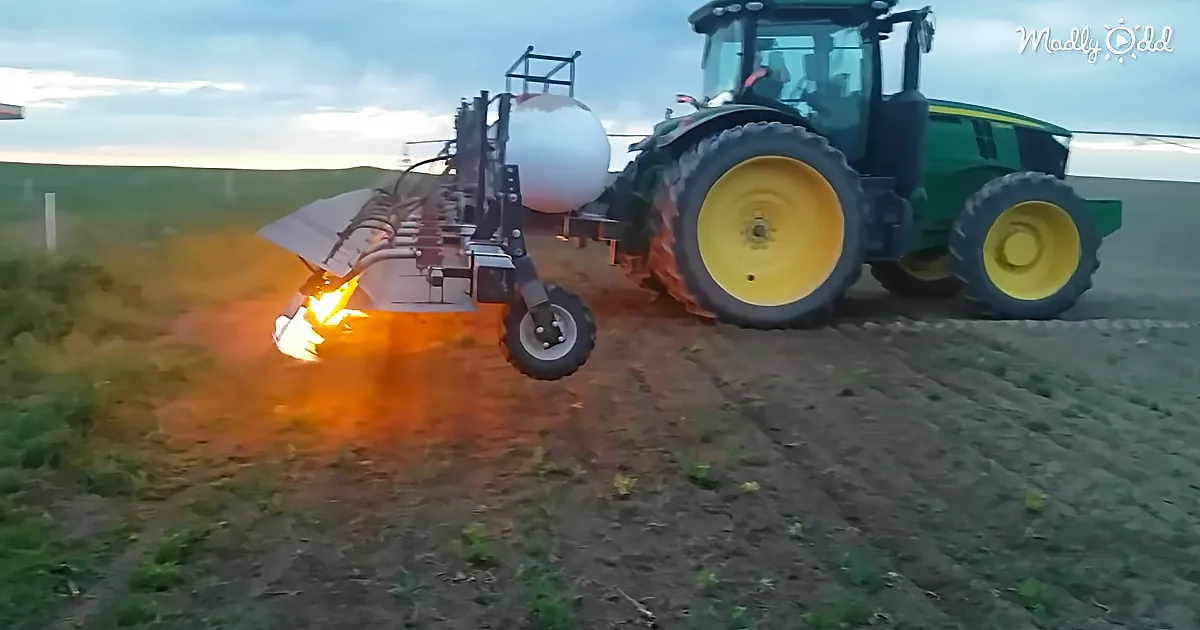 A tractor with a flame-emitting attachment is working in a field.