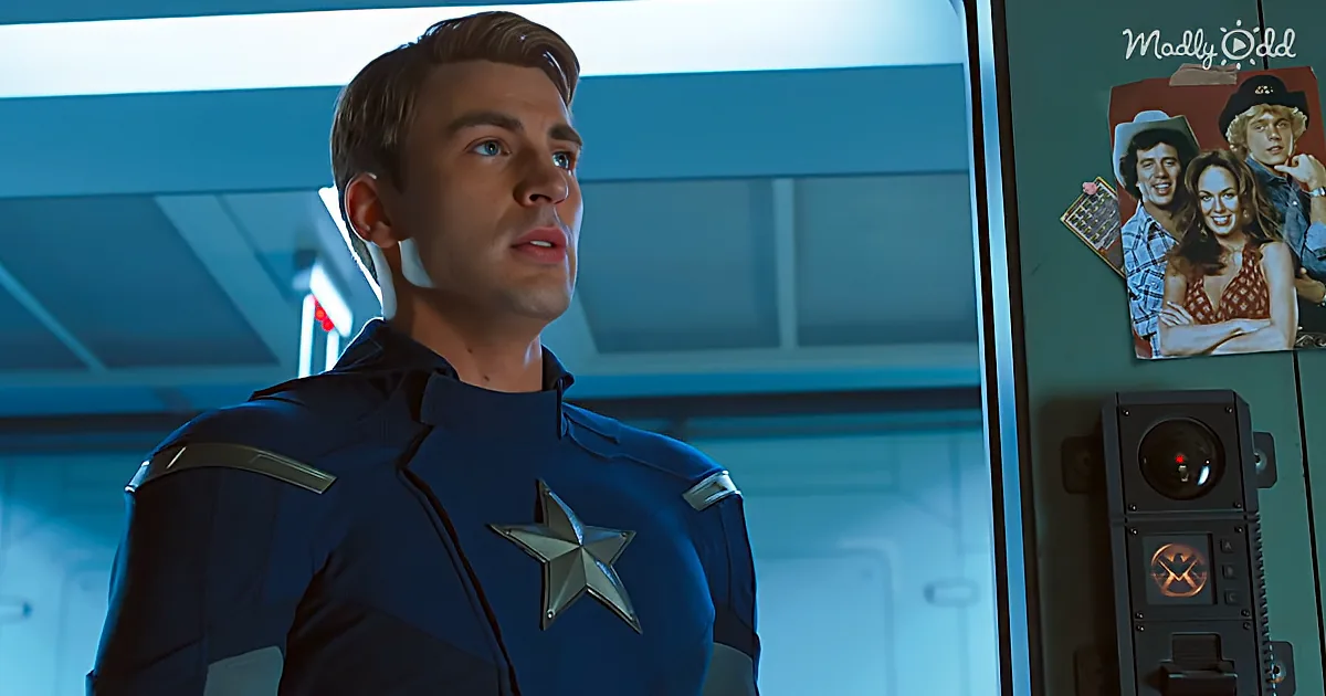 Captain America in a blue suit with a star emblem, looking up, in a futuristic room with a poster of a couple and a...