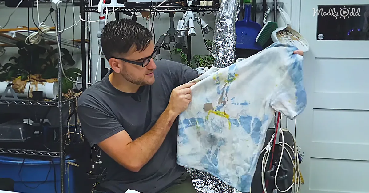 A man examines a stained, tie-dye shirt in a cluttered room with plants and tools.
