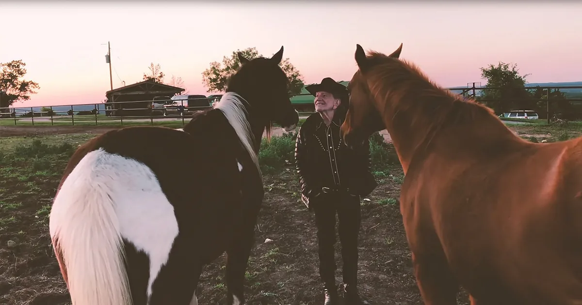 A man in a cowboy hat stands between two horses, smiling, under a pink and orange sky.