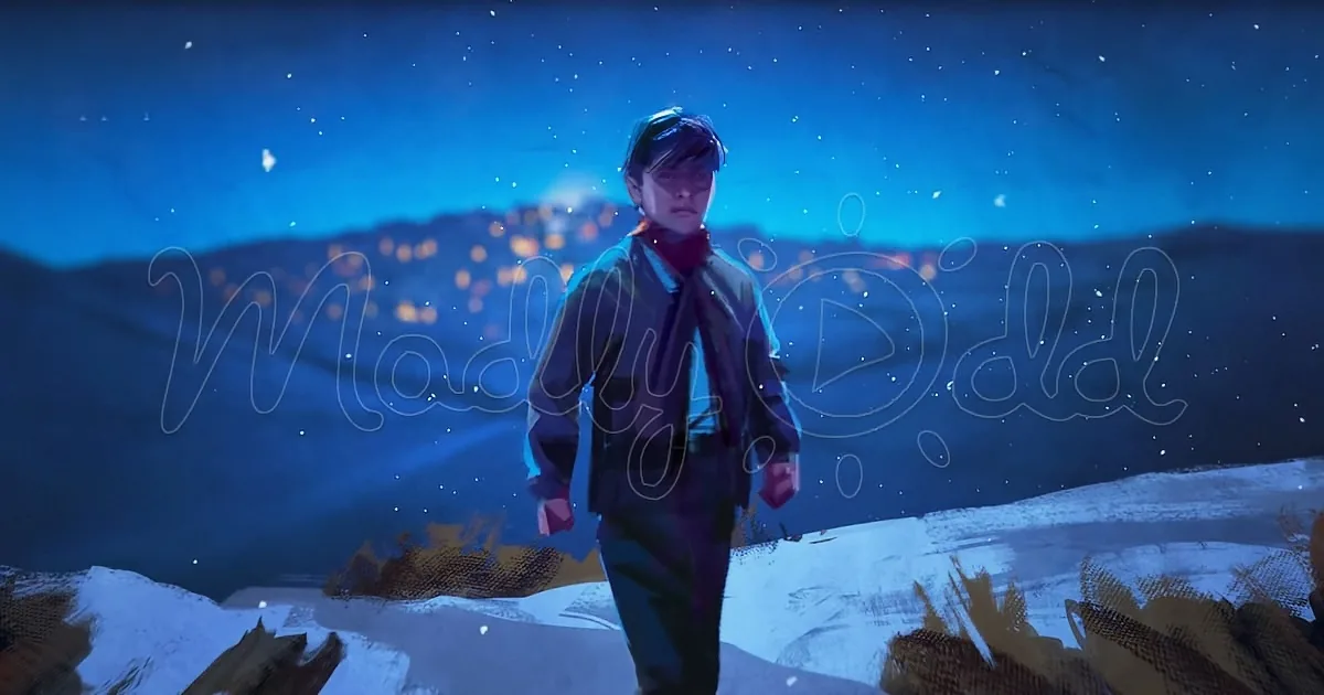 A person in a suit stands on a snowy hill at night, with a cityscape and stars in the background.