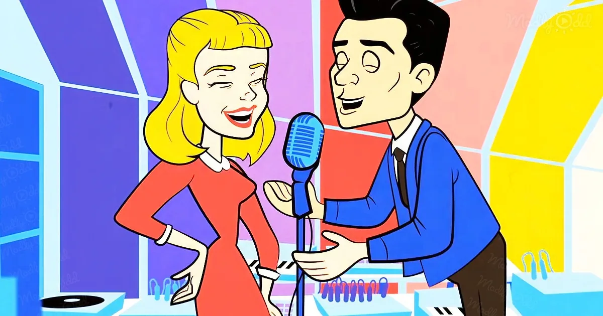 A cartoon woman in a red dress sings into a blue microphone held by a man in a blue suit.
