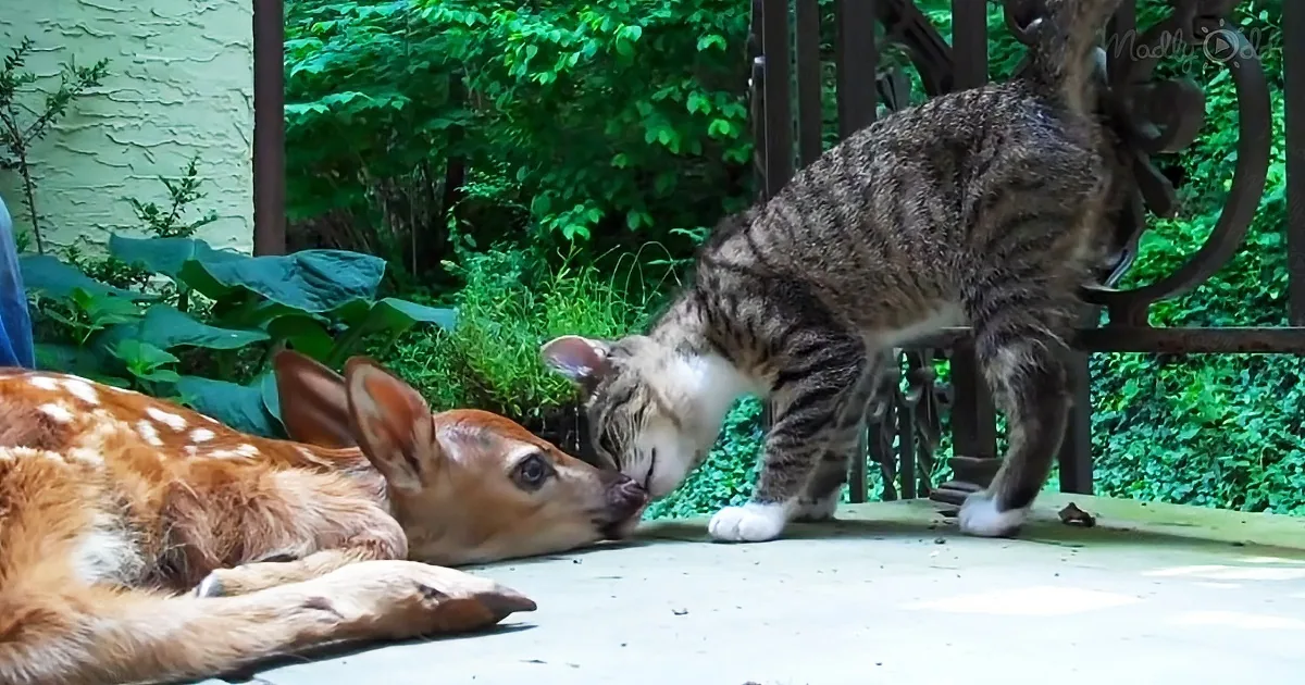 A cat sniffs a fawn lying on a patio surrounded by greenery.