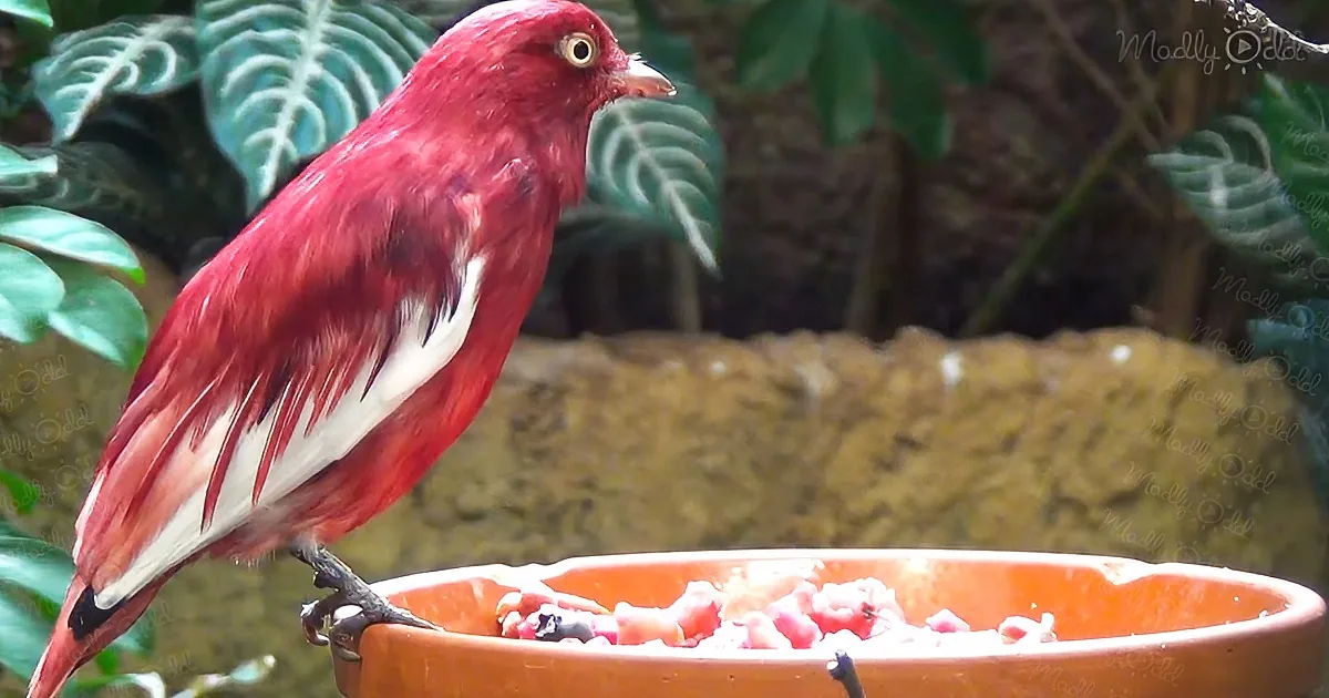 A vibrant red bird with white markings perches on a terracotta bowl filled with food, surrounded by green foliage.