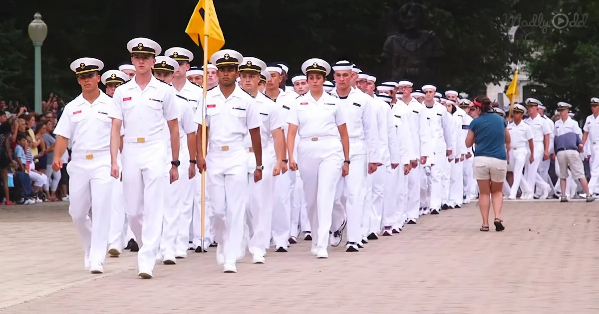A group of uniformed sailors in white march in formation, carrying a yellow flag.