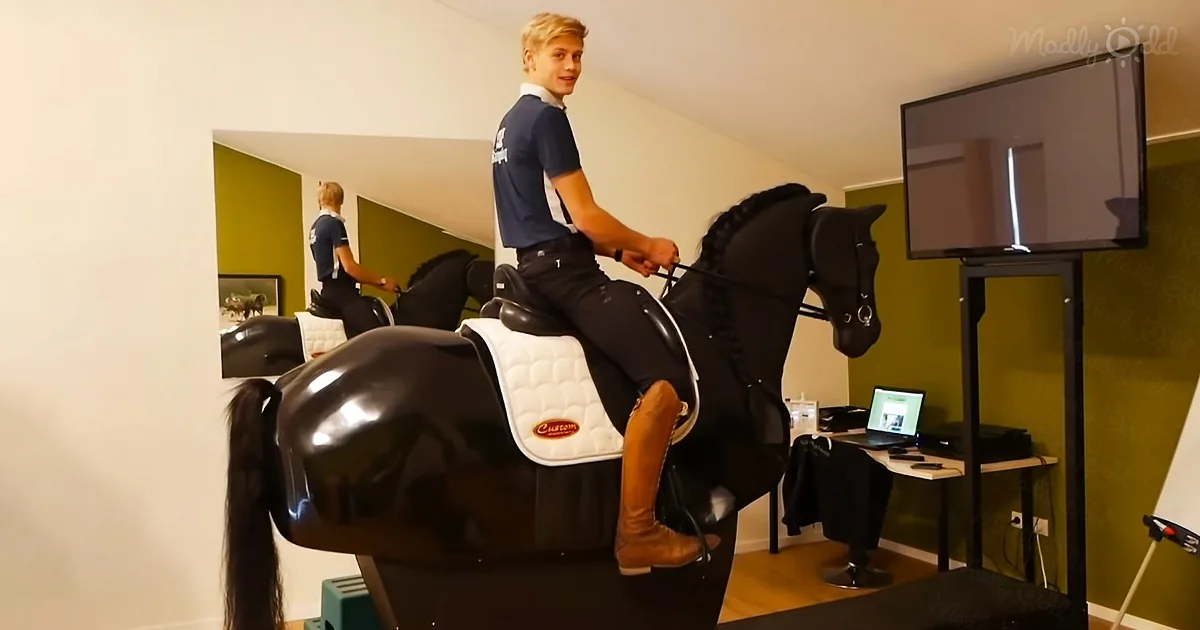 A person is riding a black horse simulator in a room with a TV and desk.