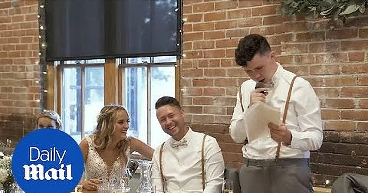 A man in a white shirt and suspenders holds a microphone while two others, including a bride, wipe their eyes.