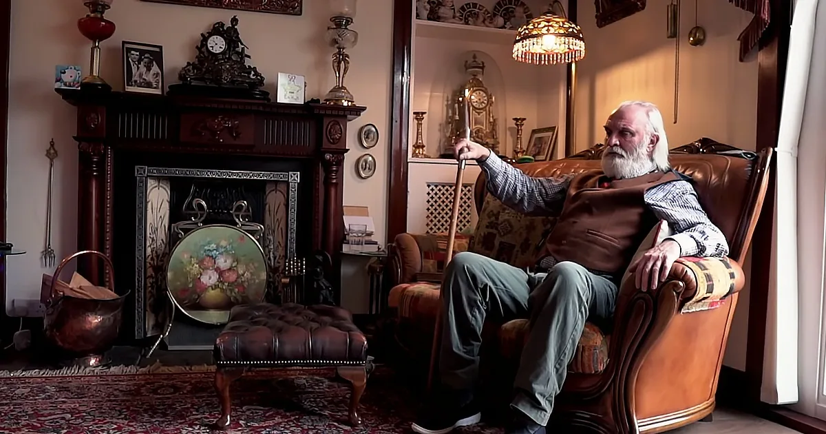 An elderly man with white hair and beard sits in a leather armchair, holding a cane, in a cozy, vintage-style living room.