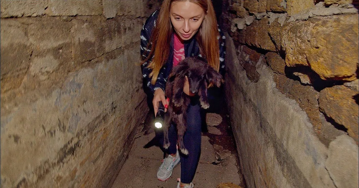 A woman holds a small black puppy and a camera, surrounded by greenery.