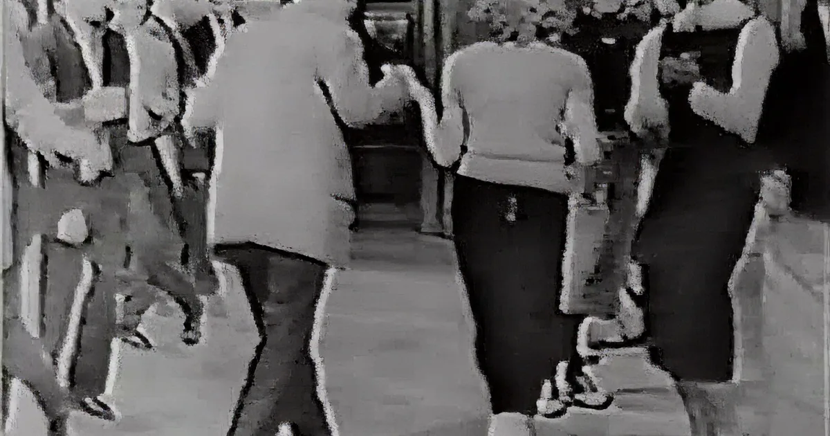 A man in a light coat and dark pants is dancing with others in a crowded room.