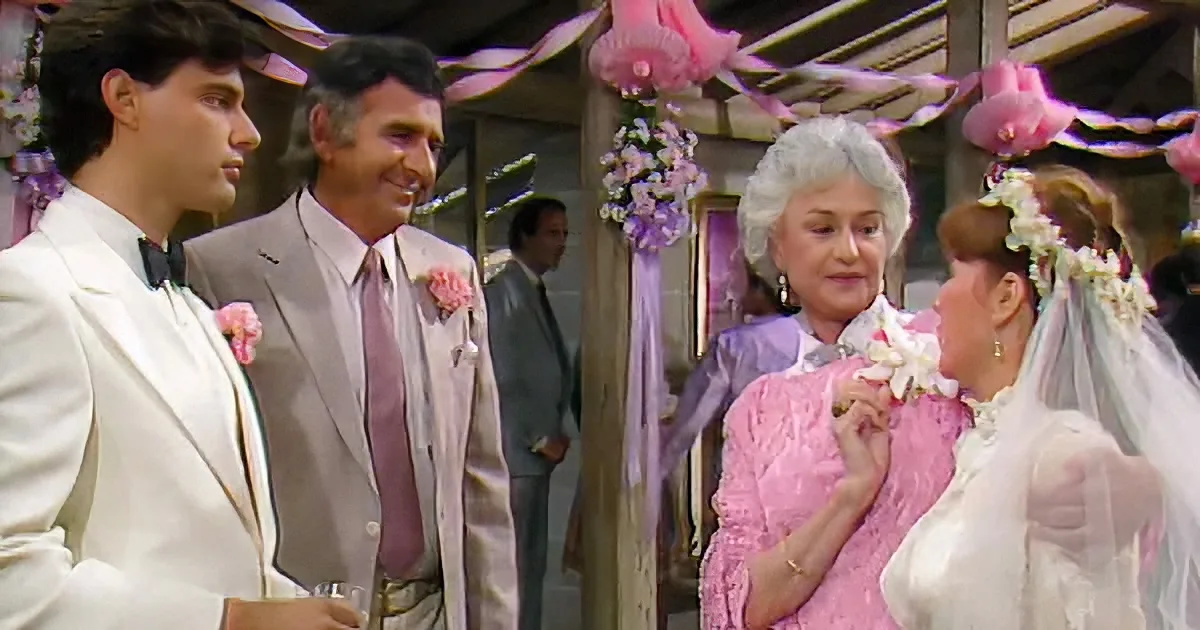 The Golden Girls cast during a wedding ceremony scene