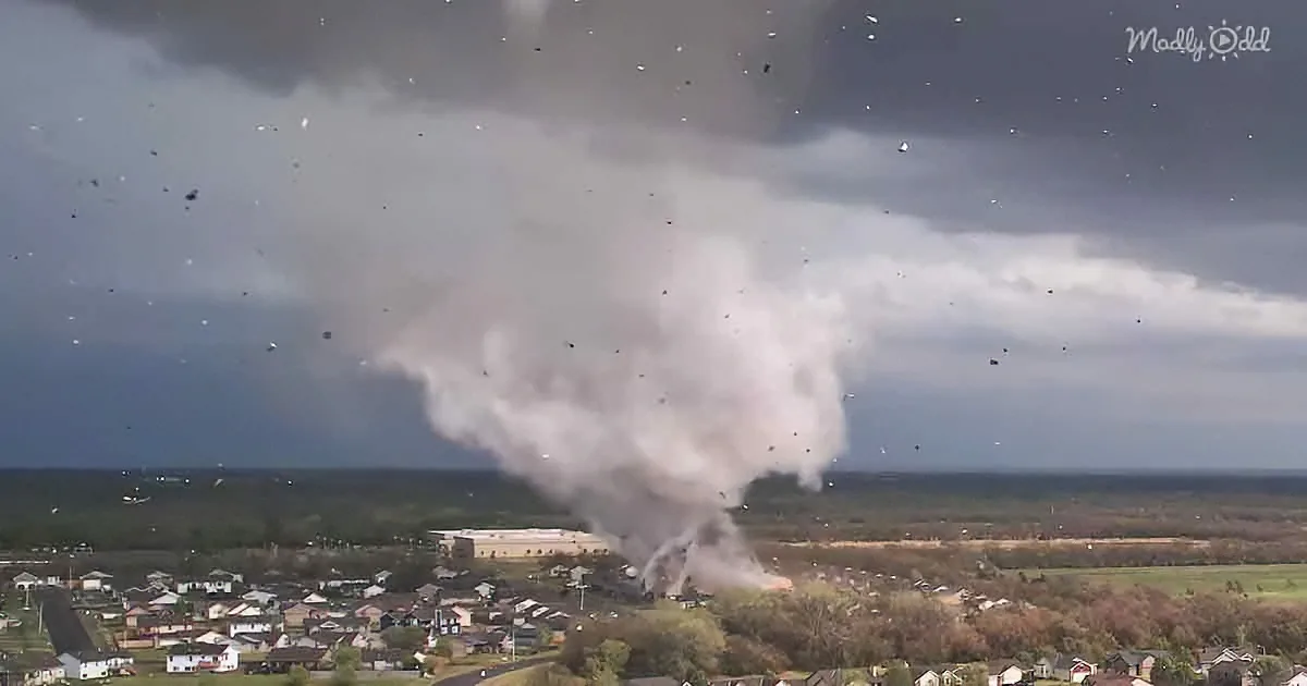 A massive tornado with swirling debris hovers over a suburban neighborhood, creating a dramatic and dangerous scene.