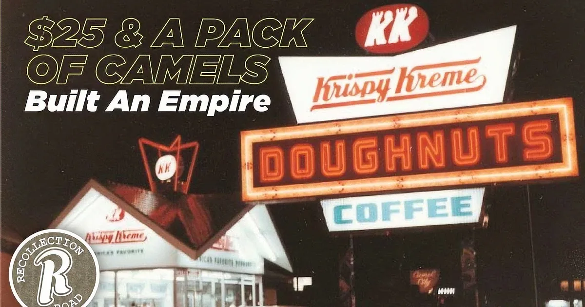 KK Krispy Kreme sign and glazed donuts with chocolate drizzle.