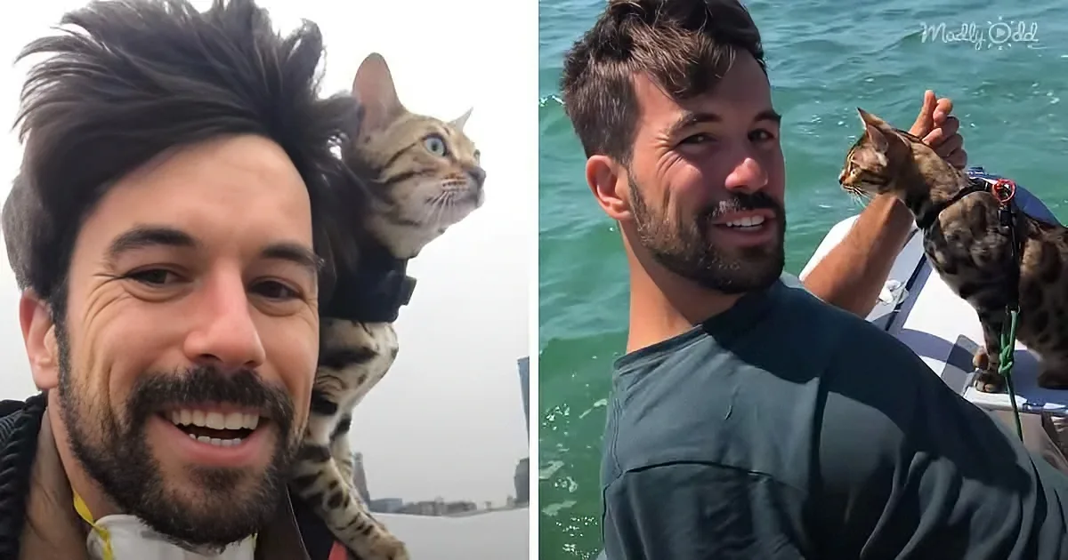 A man with a beard and mustache is smiling, holding a Bengal cat on his shoulder while standing on a boat.