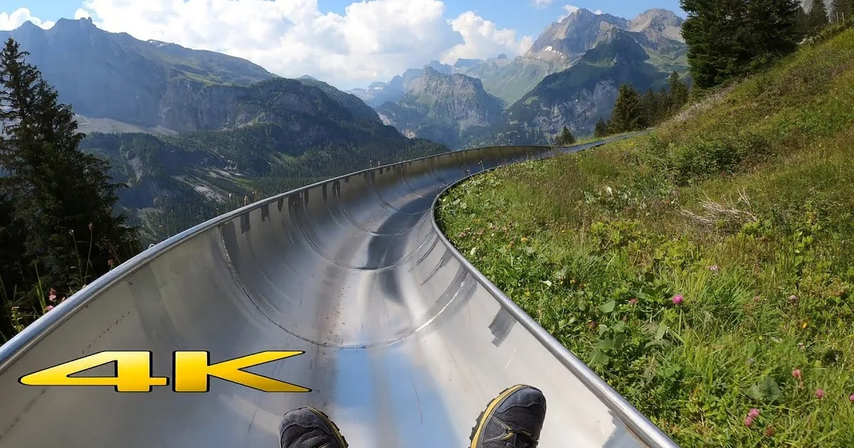 A person rides a glass-bottomed toboggan down a steep, reflective track with a stunning mountain backdrop.