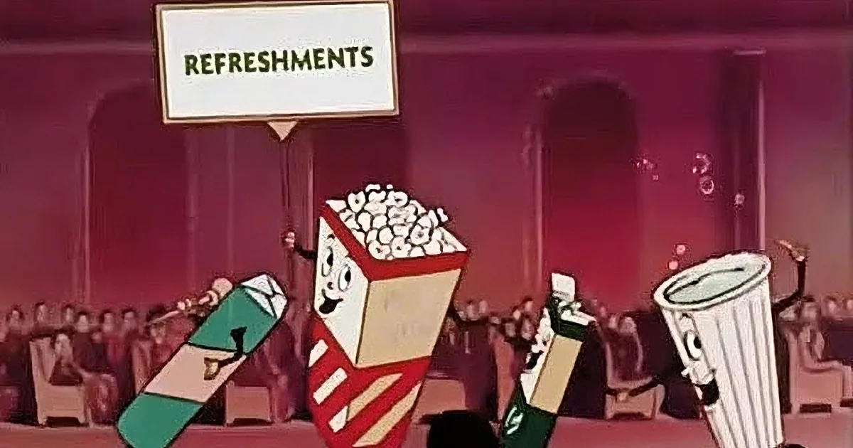 Cartoon characters representing refreshments, including popcorn and candy, are marching in a line.