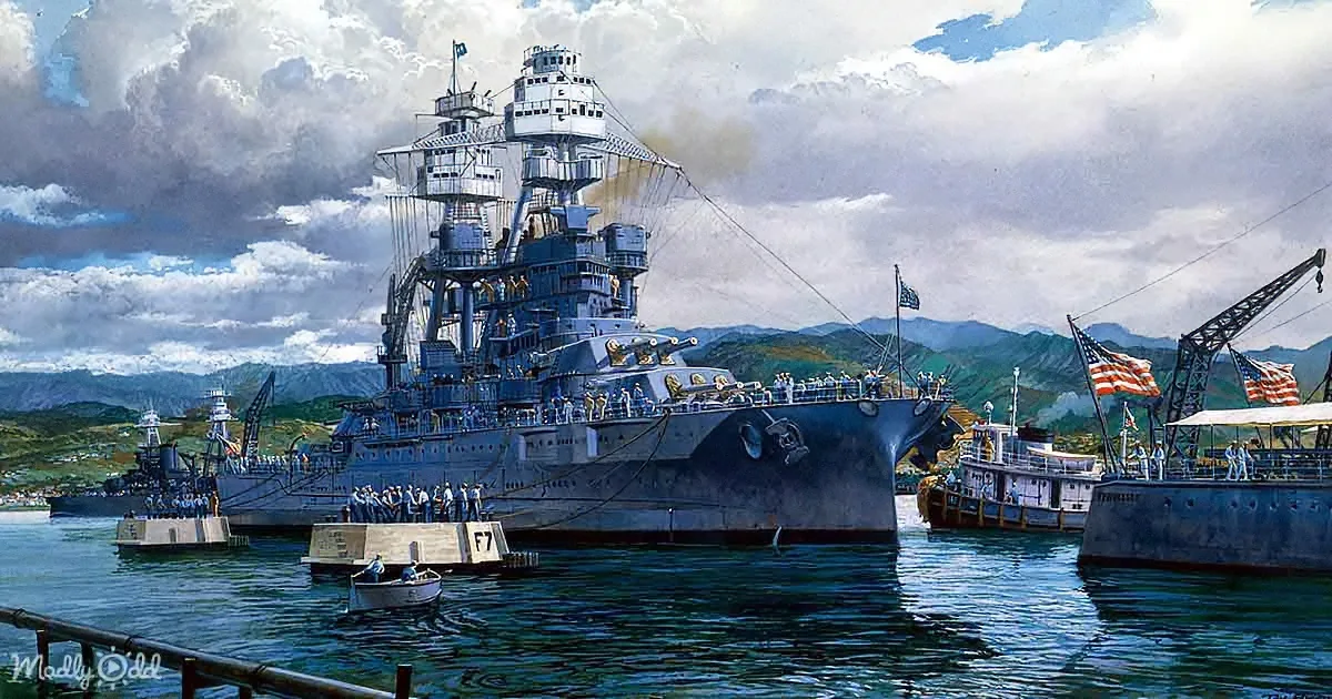 A large battleship docked with American flags, surrounded by smaller vessels and a mountainous backdrop.