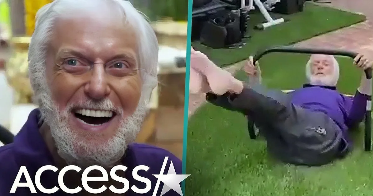 A man with white hair and a beard is smiling in a purple shirt, while another image shows him lying on a lawn chair on a...