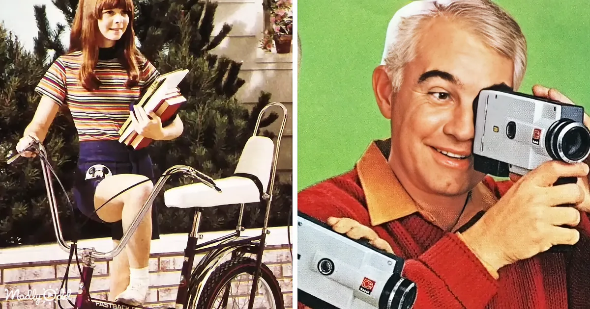 A woman rides a tricycle with books, while a man holds a vintage camera, both in retro-style photos.